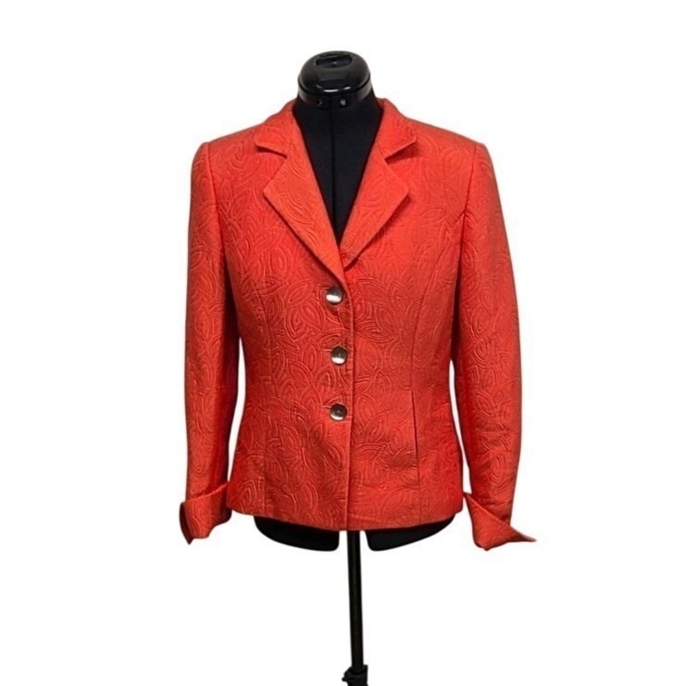 Nina McLemore Women 2 Coral Orange Silk Blend Jacquard 3 Button‎ Blazer Jacket
